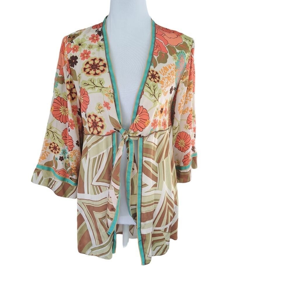 Cabi 100% Silk Bohemian Floral Print Short Kimono Size S - Orange/Green/Multi